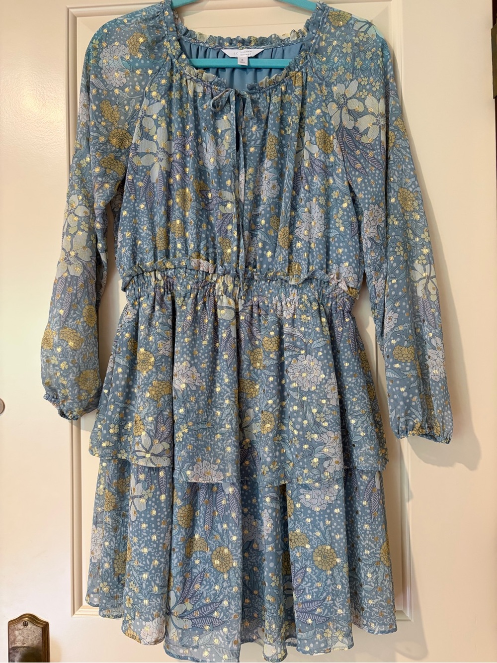 Lauren Conrad Light Blue Long-Sleeve Floral Mini Dress with Gold Accents Size S